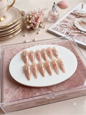 Nude Pink Stiletto Press-On Nails with Heart Accents